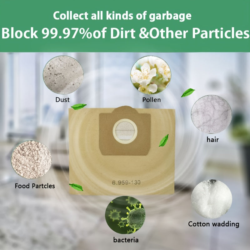 7 ta ikki maqsadli nam va quruq vakuum sumkalari Karcher modellari 6.959-160, MV1, NT18, WD3200, SE4001, A2200 bilan mos keladi - yuqori samarali chang tozalash va mopping uchun ikki qatlamli filtratsiya tizimi mavjud.