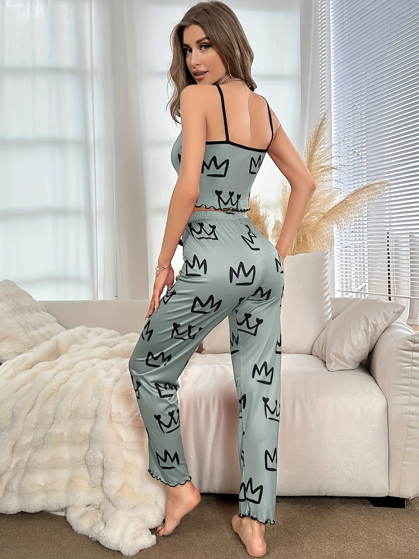 Women's Pajama Set with Crown Pattern Cami Top and Bow Decor Elastic Waist Pants