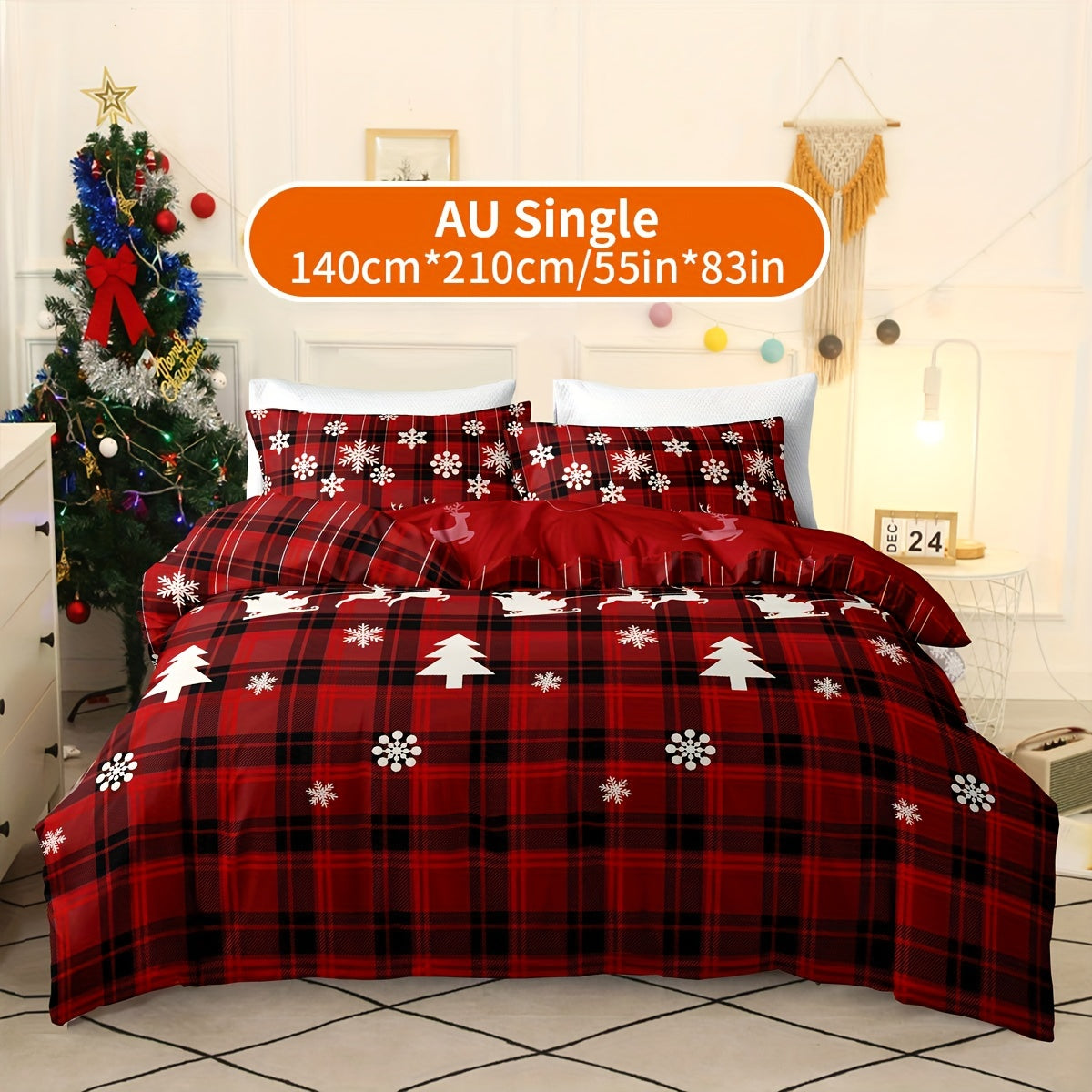 Christmas Themed Bedding Set 3 Pieces Quilt Cover with Elk Snowflake Design