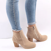 Women's Beige Fabric Ankle Boots with Chunky Heel and Zipper
