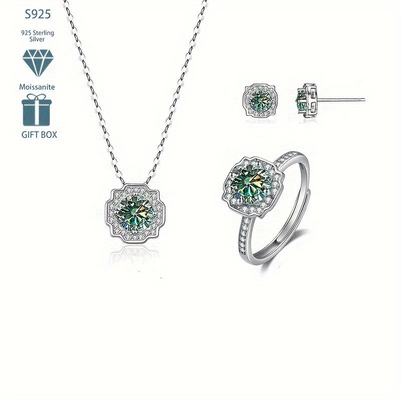 Sterling Silver Jewelry Set with Moissanite Earrings Necklace and Ring in Multiple Colors