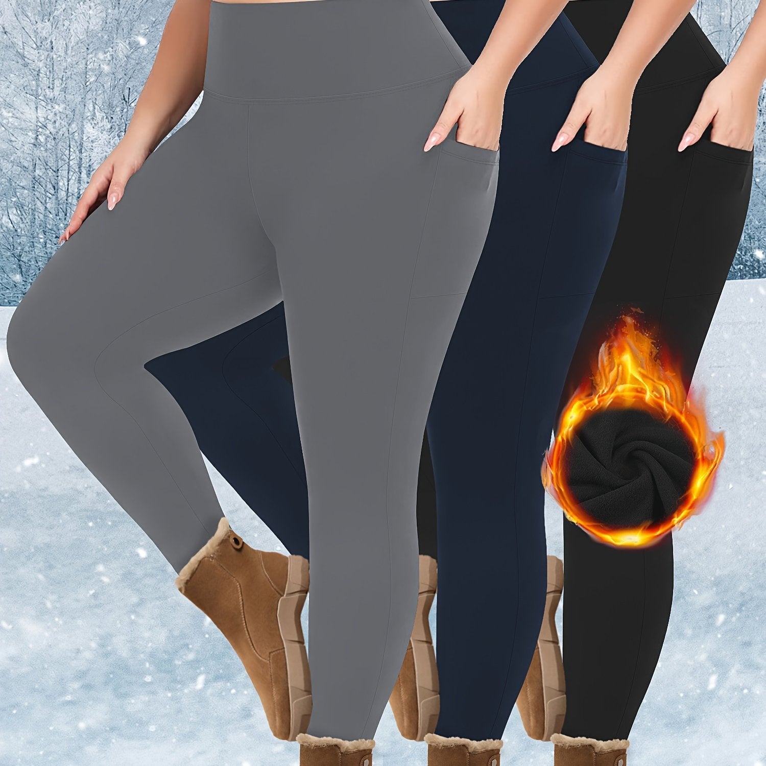 Plus Size Fleece-Lined Leggings High Waist Pockets Knit Solid Color