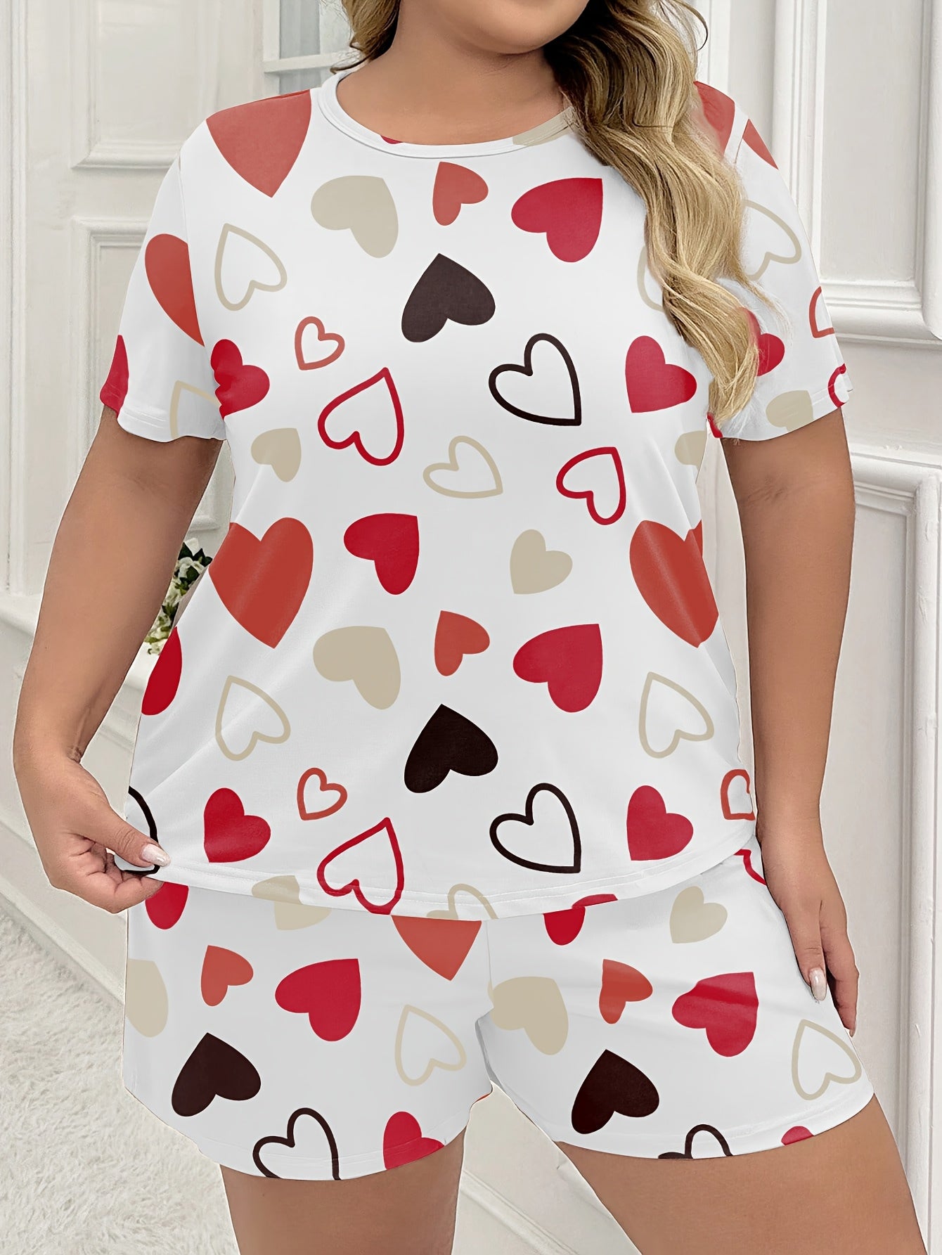 Women's Plus Size Heart Pattern Casual Shorts Pajama Set Polyester Knit