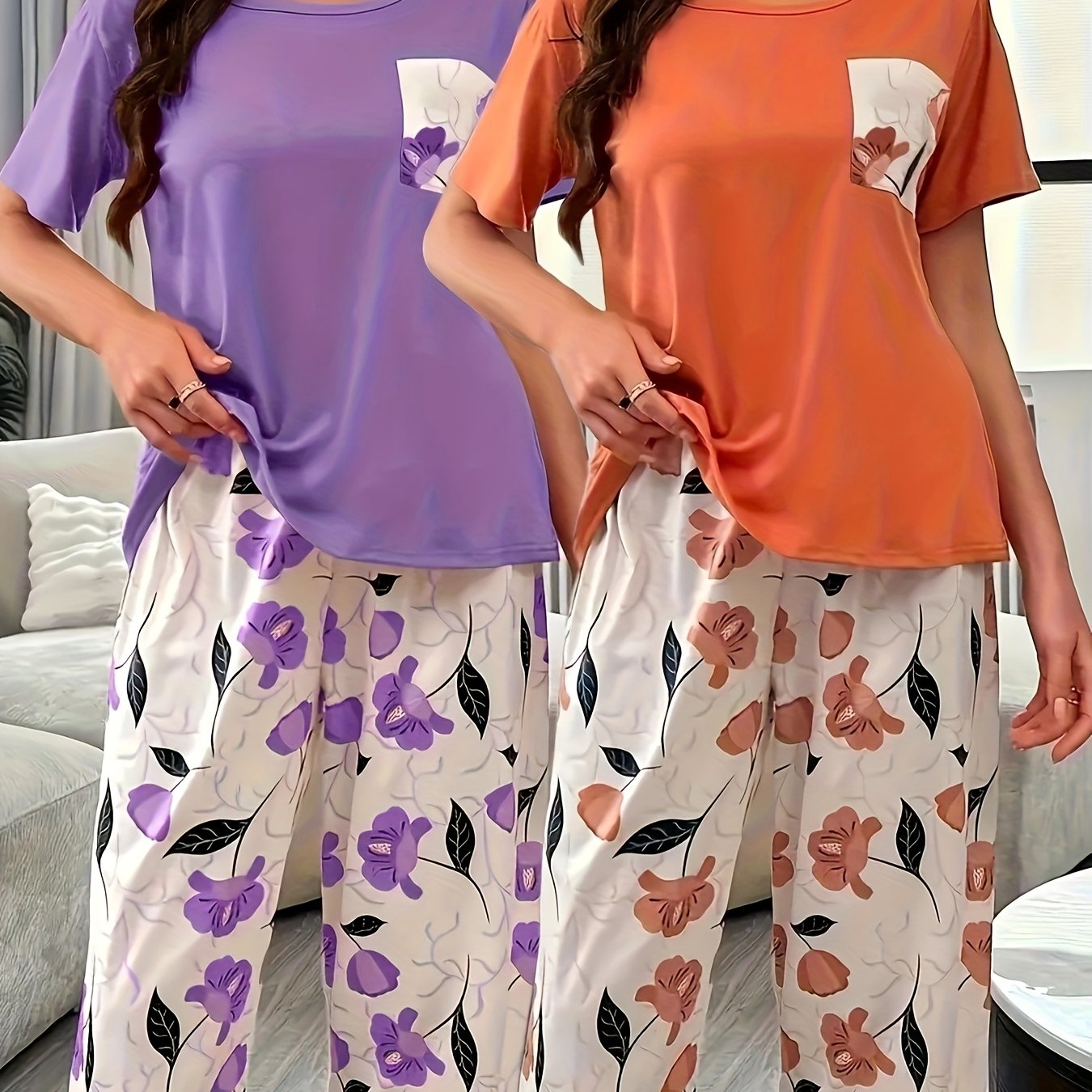 Women's Pajama Set Short Sleeve Floral Print Cozy Polyester Blend