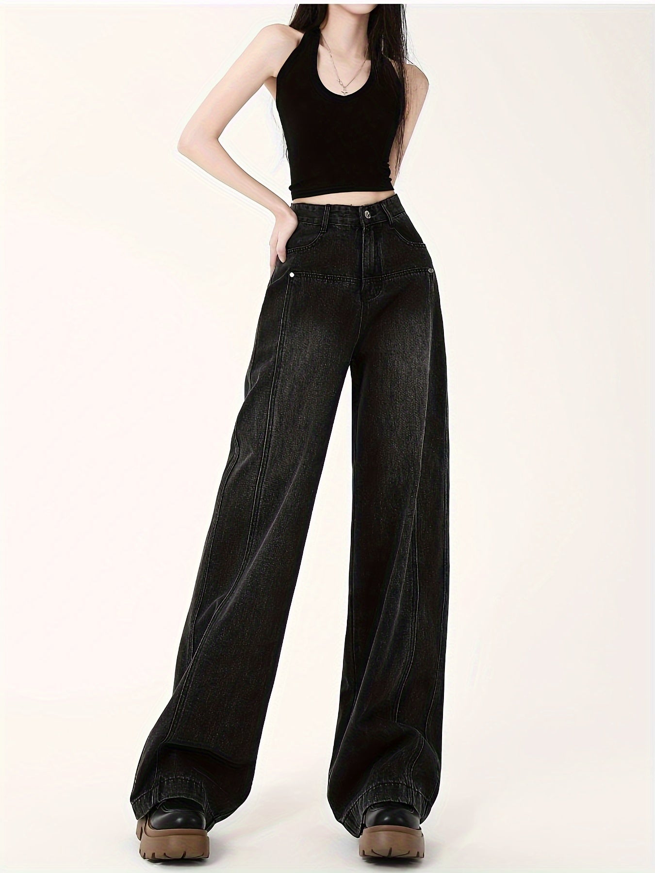 Women's High-Waisted Wide Leg Jeans Cotton Blend Long Length Solid Casual All-Season
