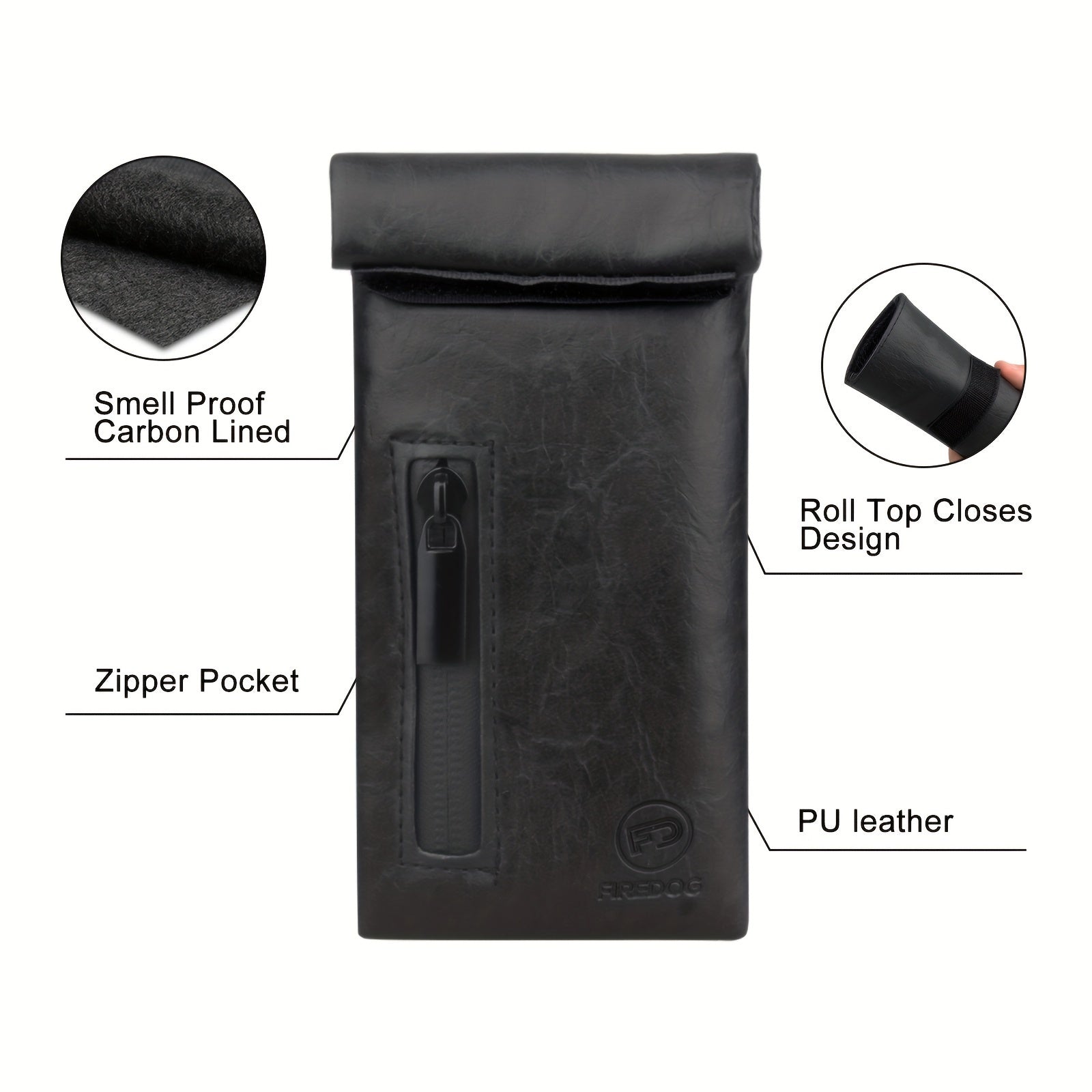 Smell Proof Zipper Pouch Carbon Lined PU Leather Odor Resistant Bag Tobacco Accessory