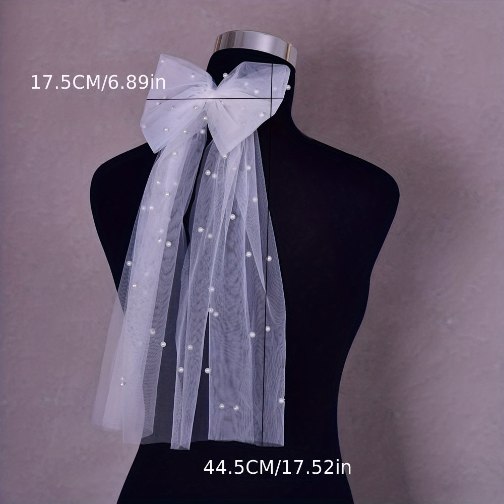 Bridal Wedding Headpiece with White Mesh Pearl Bow Short Veil Hair Accessories