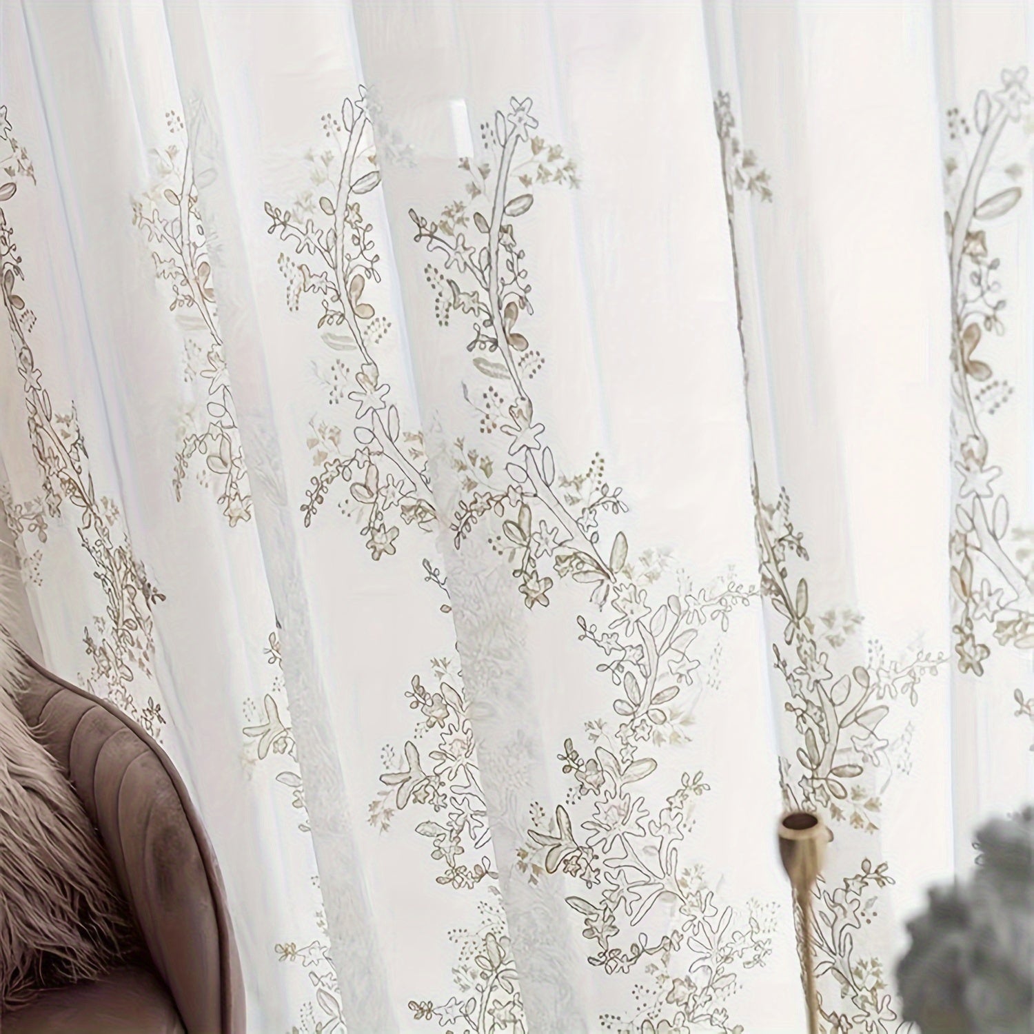 Golden Thread Embroidery Sheer Curtain for Living Room and Bedroom European Style Voile Window Treatment