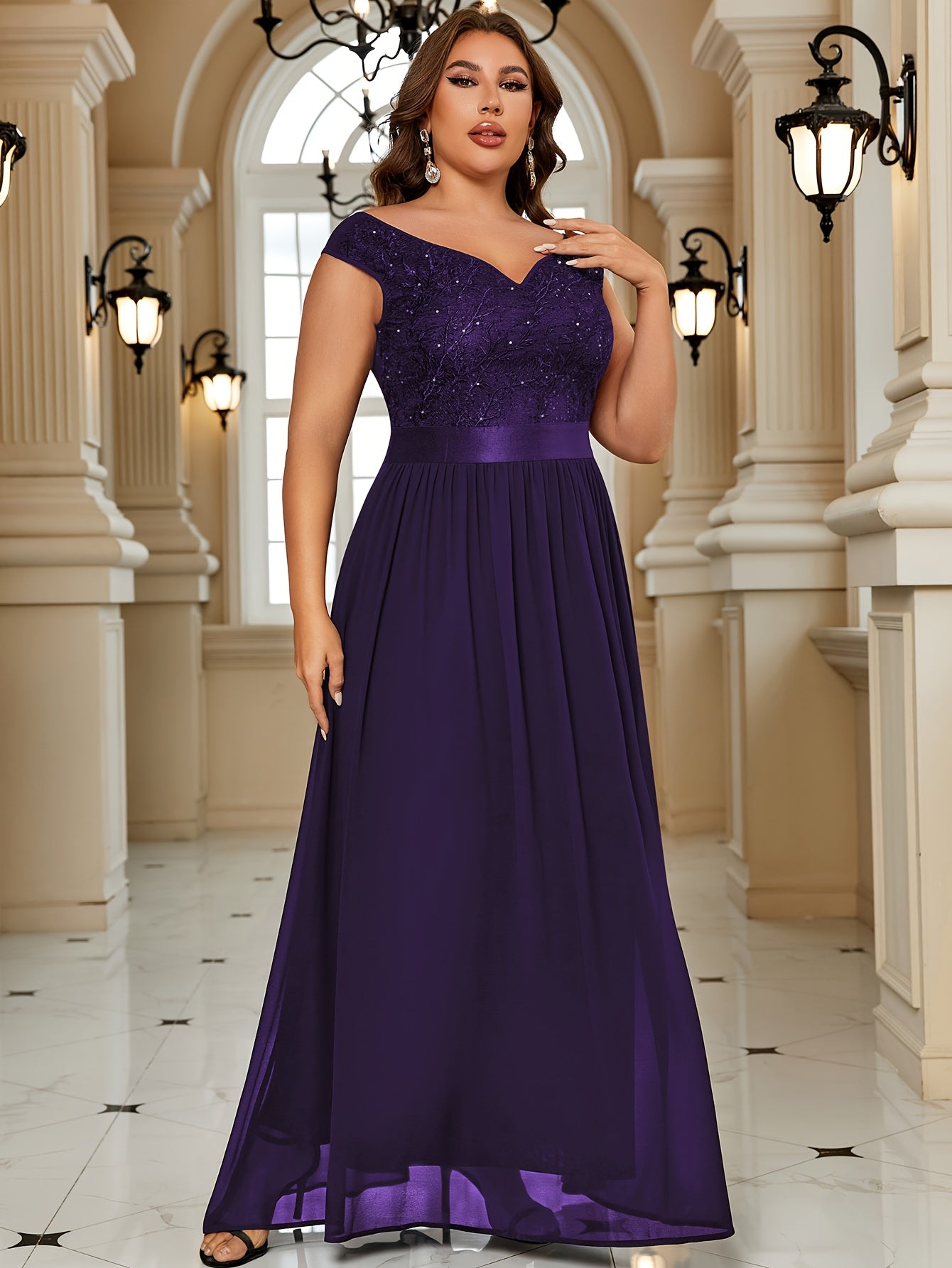 Women's Black Lace Off-Shoulder Gown Floor-Length Fit And Flare Plus Size