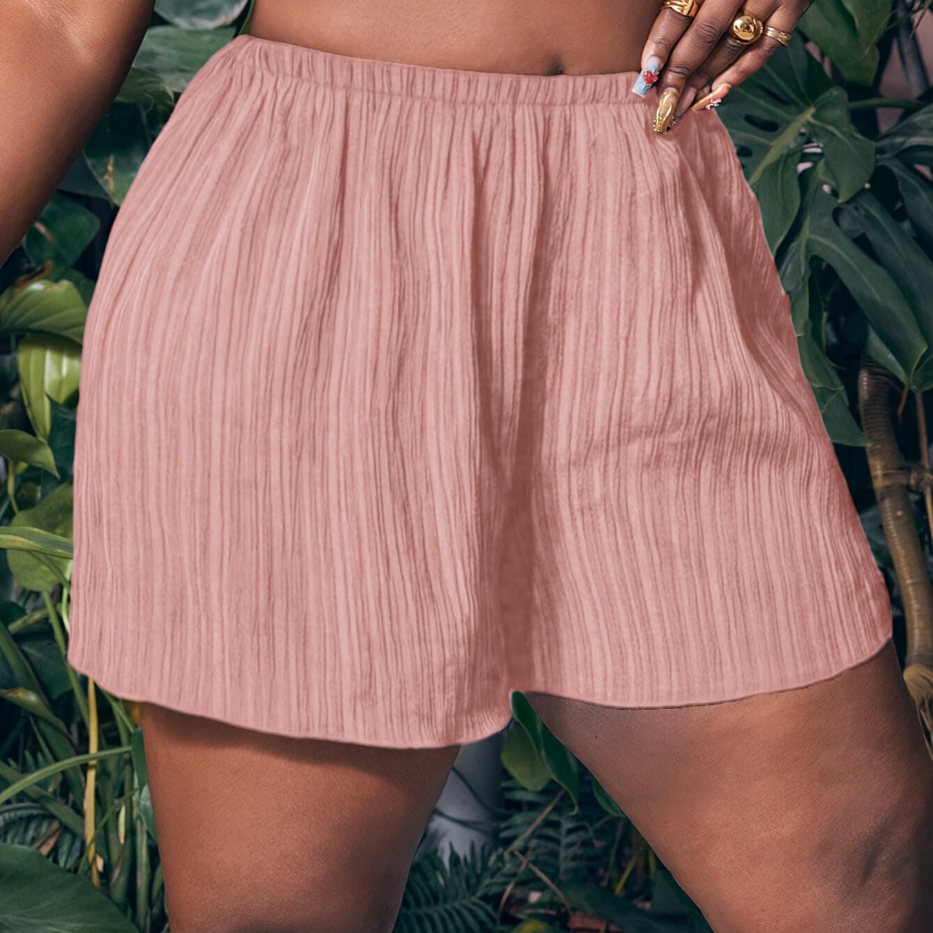 Women's Plus Size Pleated Loose-Fit Shorts Soft Pink Elastic Waist Summer Casual
