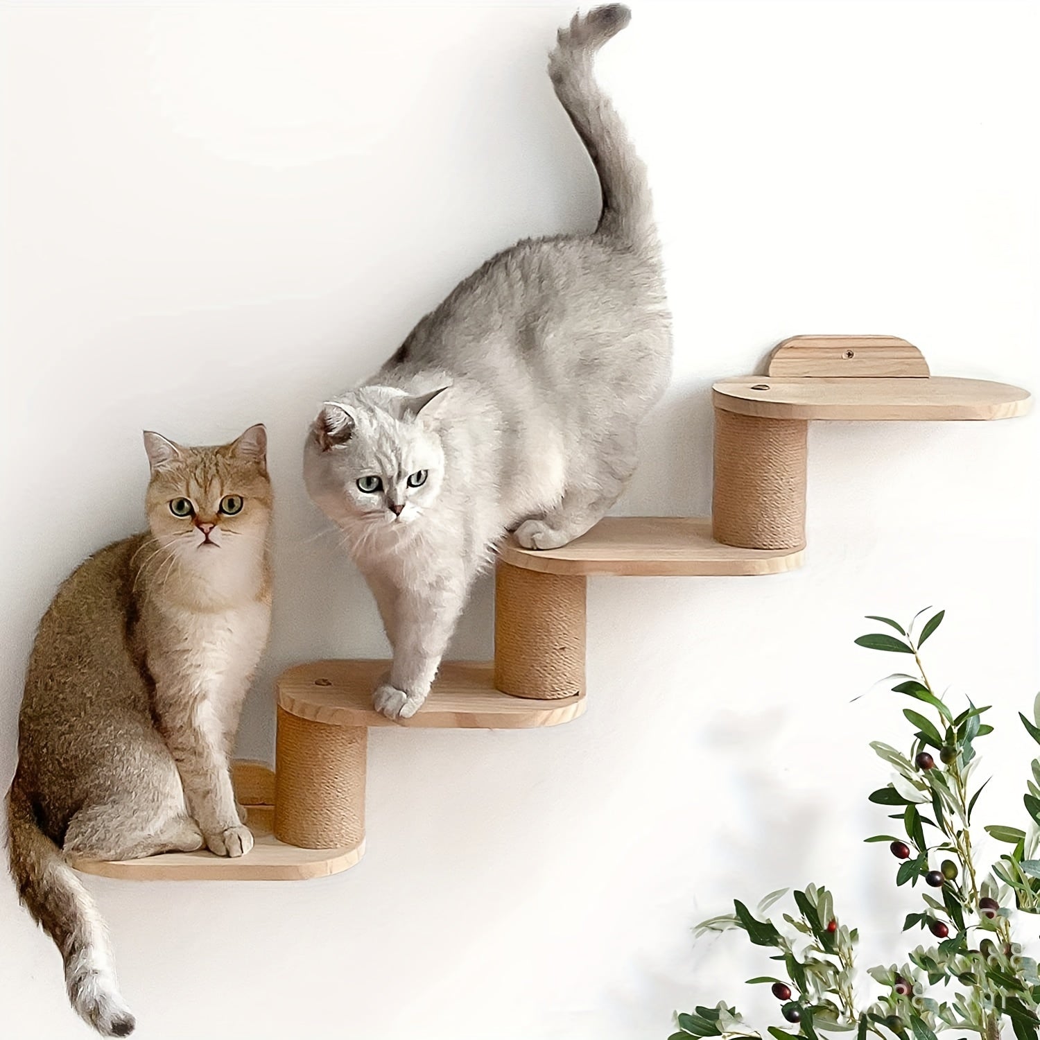 Rustic Solid Wood Cat Climbing Shelves with Sisal Posts for Indoor Cats