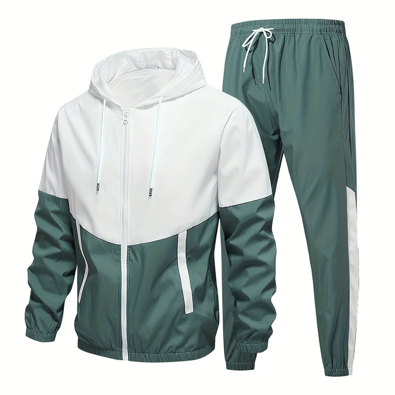 Men's Polyester Tracksuit Set Hooded Jacket and Long Pants Solid Color All Seasons