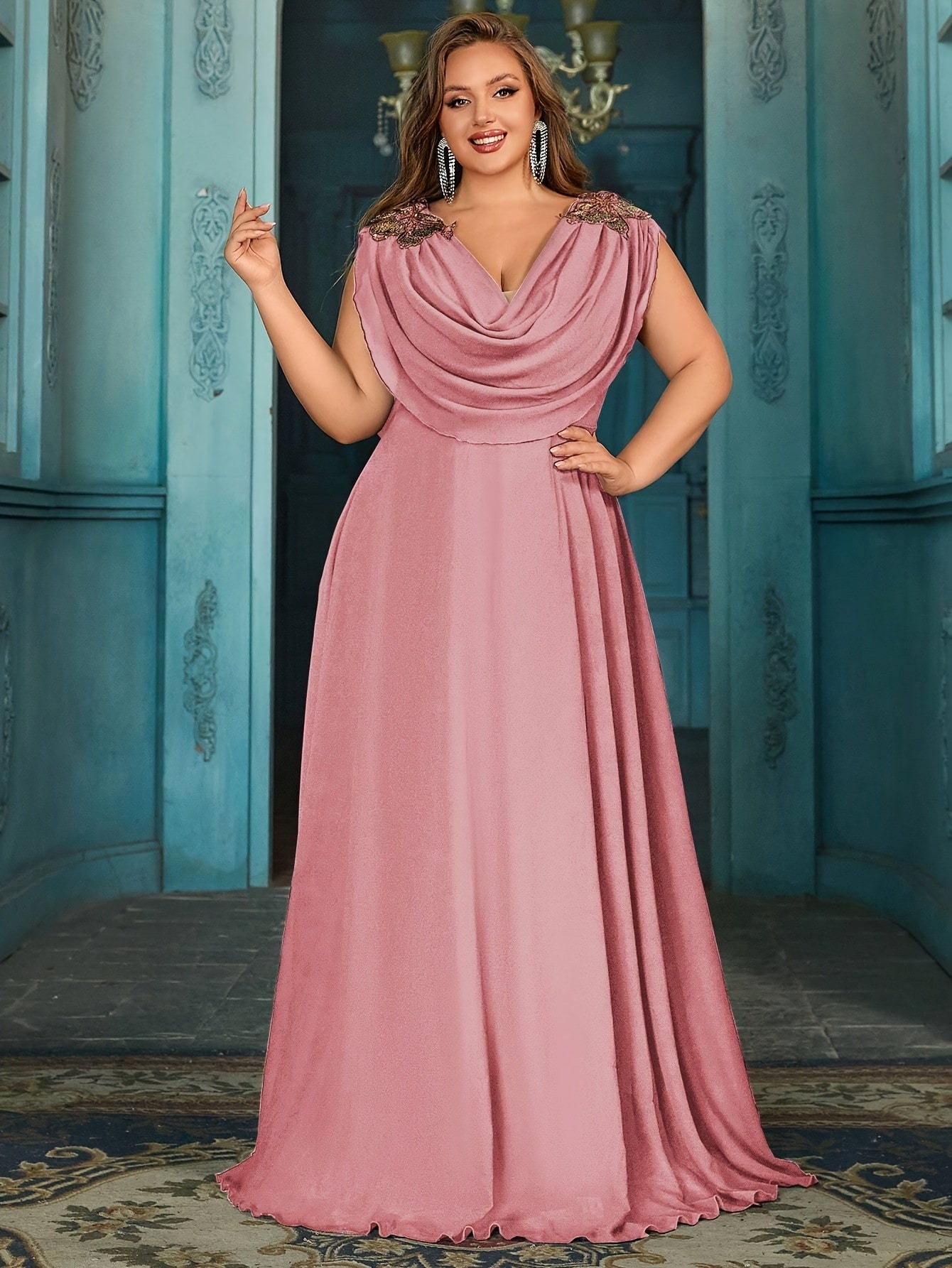 Plus Size Elegant V-Neck Chiffon Bridesmaid Dress Sleeveless Evening Gown