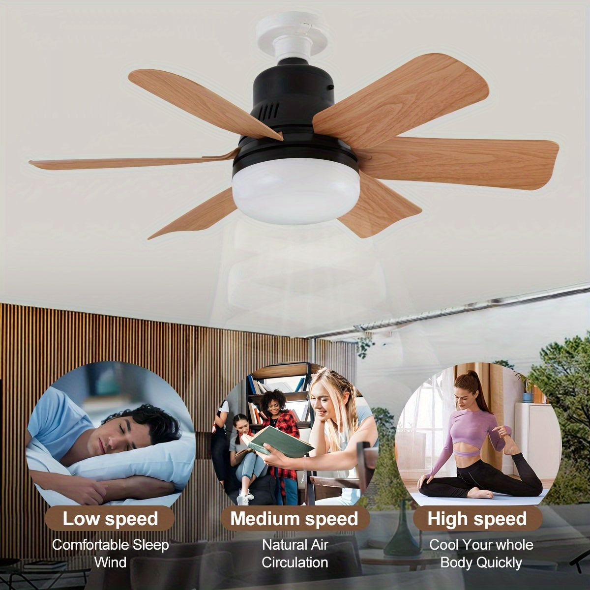 52.07cm Ceiling Fan with Light Remote Control Adjustable LED 6 Blades Black Wood Finish