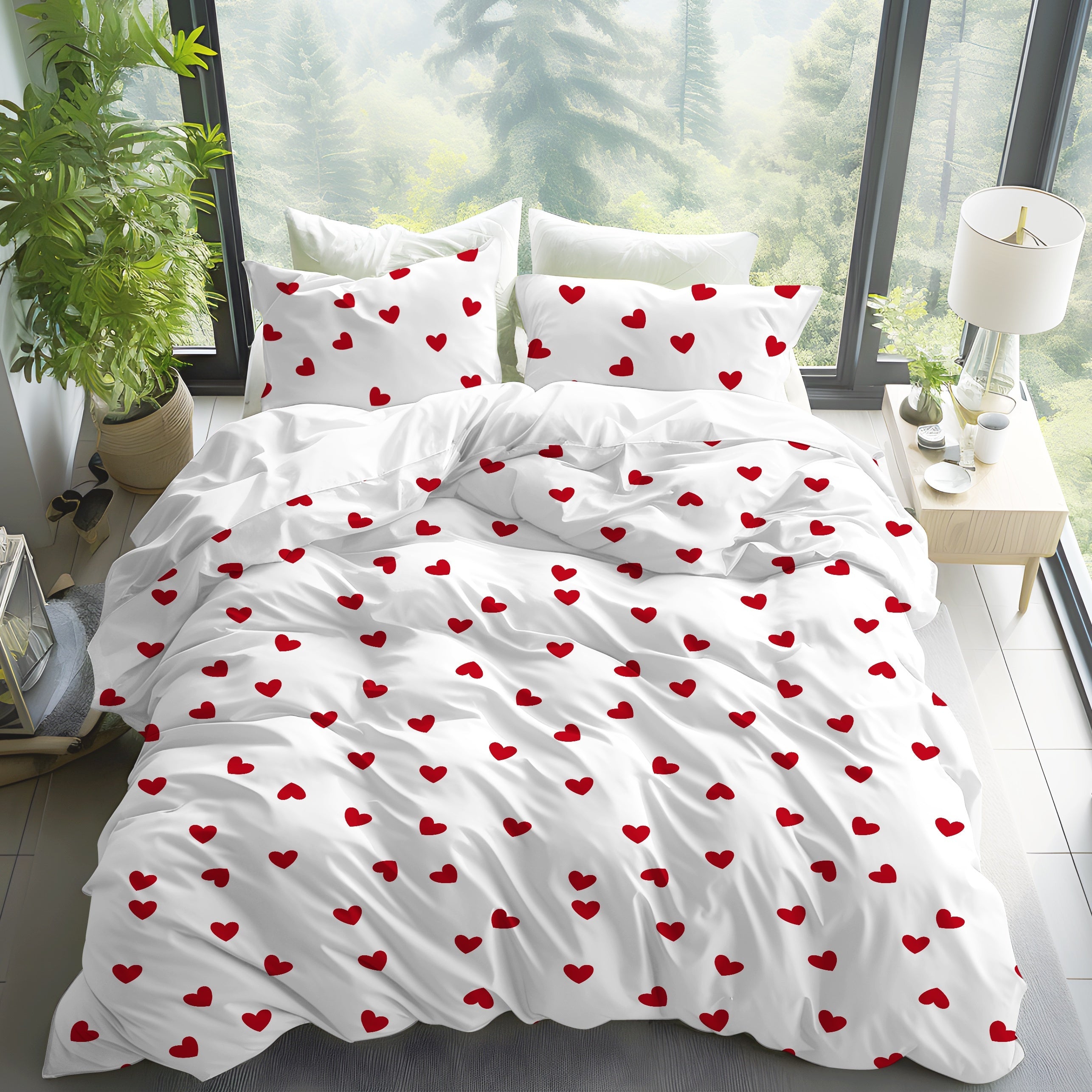 Brushed Duvet Cover Set with Love Print 3 Pieces Soft Skin-Friendly Bedding
