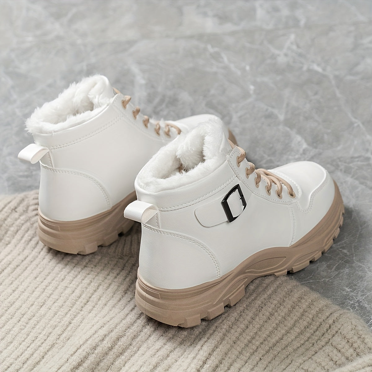 Women's Cozy Lined Ankle Boots Black Beige White High-Top Sneakers Rubber Soles