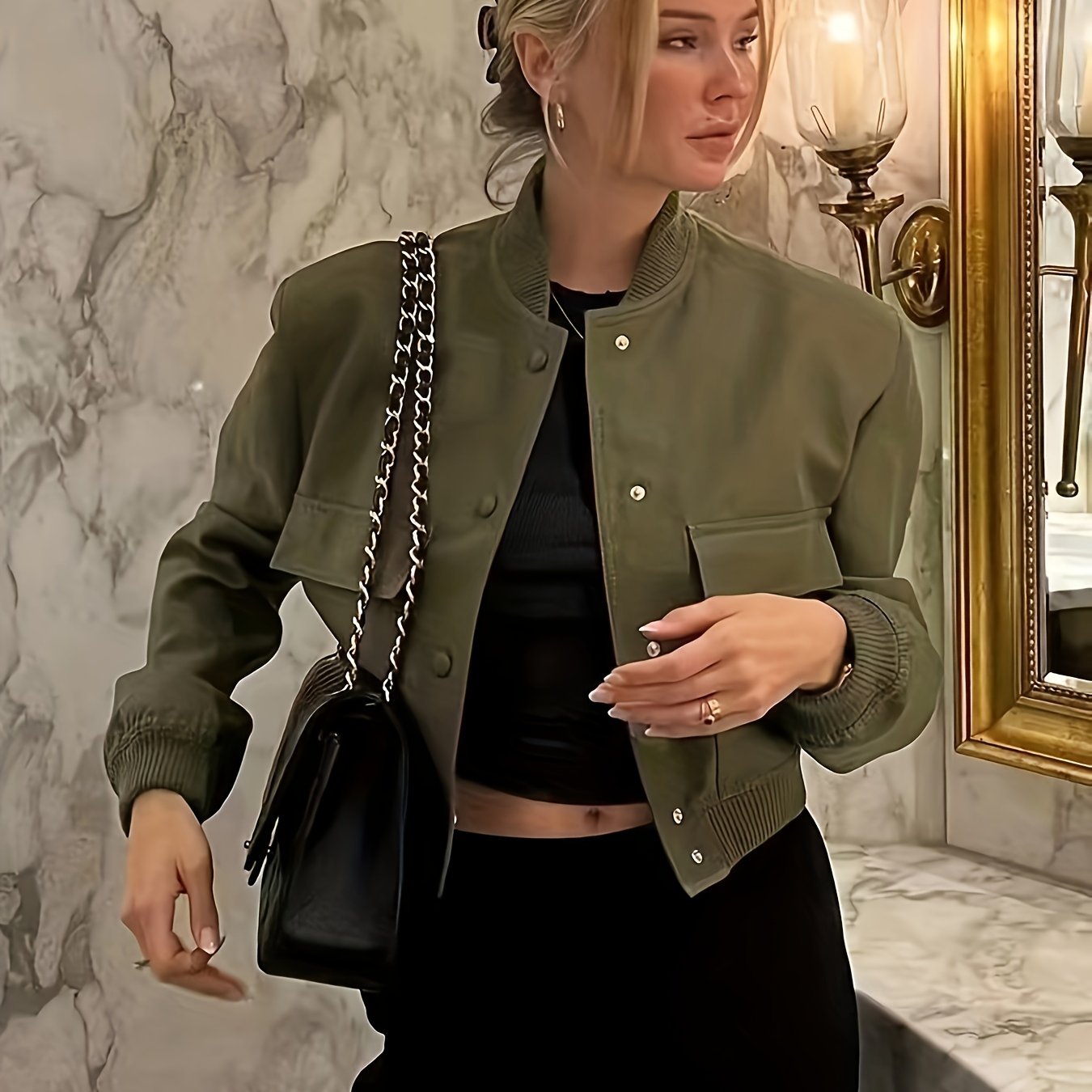 Women's Polyester Casual Bomber Jacket with Stand Collar and Large Pockets for Spring Fall