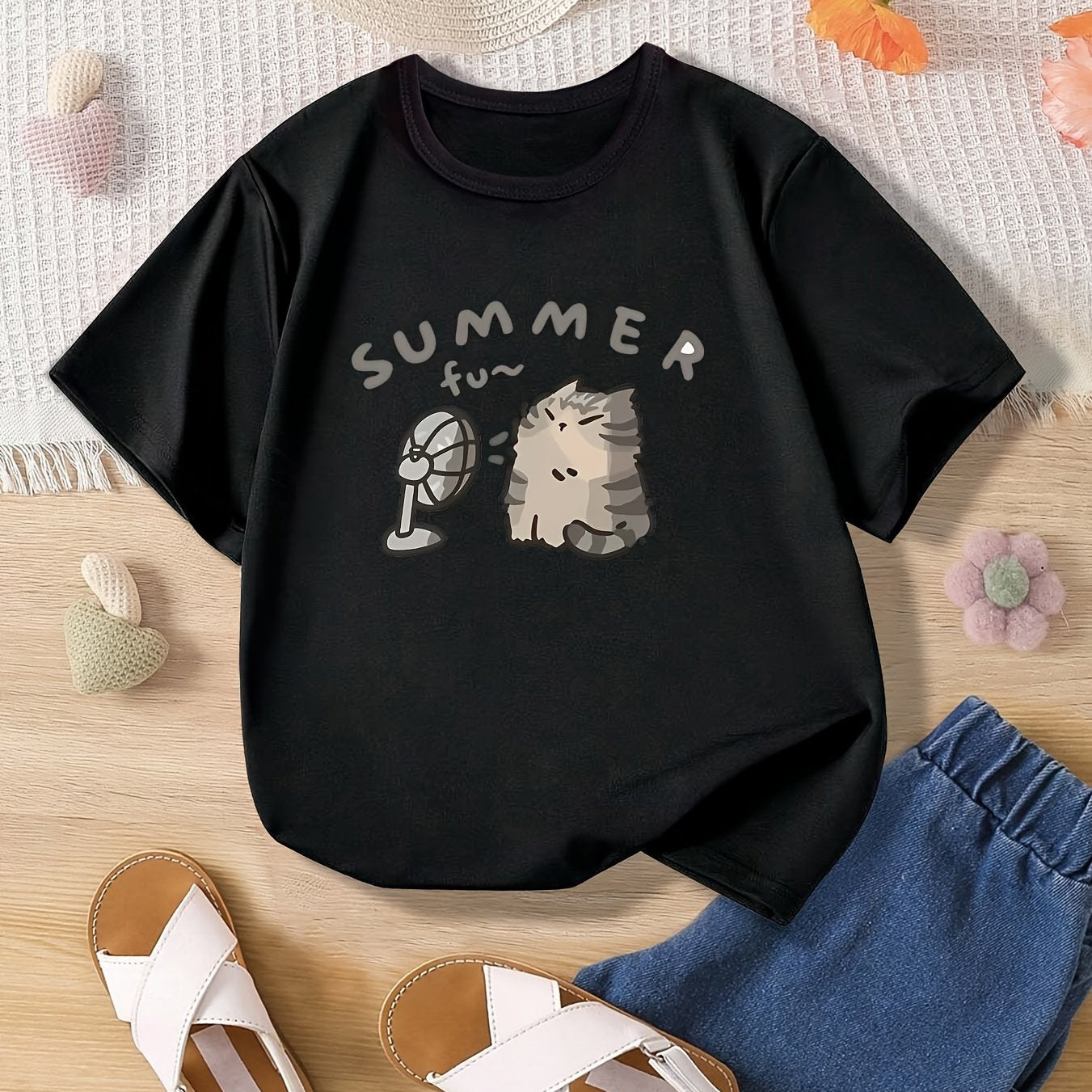 Girls' Summer Cotton Crew Neck T-Shirt with Cartoon Cat Print for Casual Wear