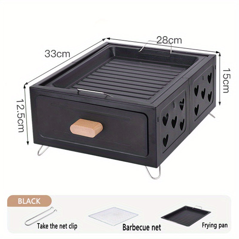 Portativ kvadrat BBQ grill, yopishmaydigan qoplama bilan - Kamping, uy va ochiq havoda pishirish uchun ko‘p maqsadli ko‘mir pechasi. Stainless steel konstruktsiya, choy qaynatish va go‘sht grill qilish uchun ideal.