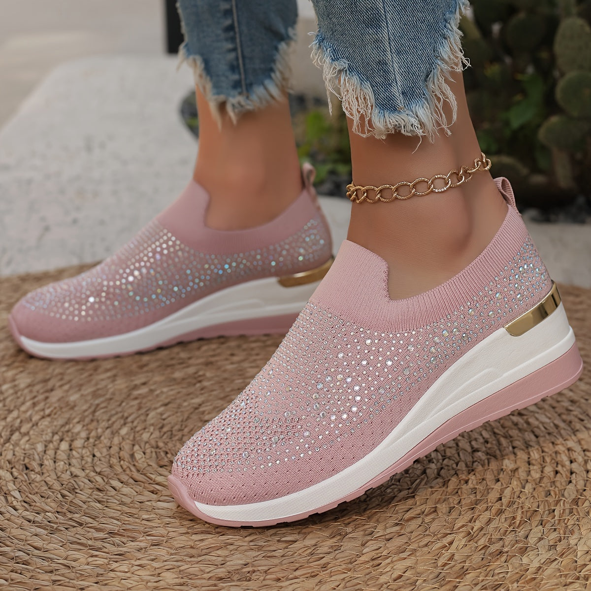 Women's Rhinestone Decor Platform Sneakers Casual Slip-On Outdoor Shoes