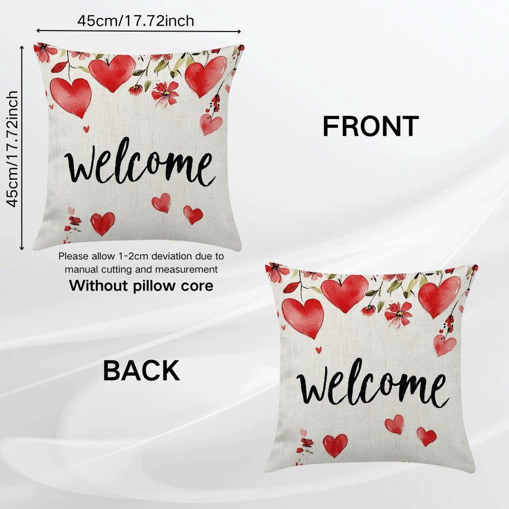 Red Heart and Floral Throw Pillow Cover 45cm Polyester Zippered Washable Decorative