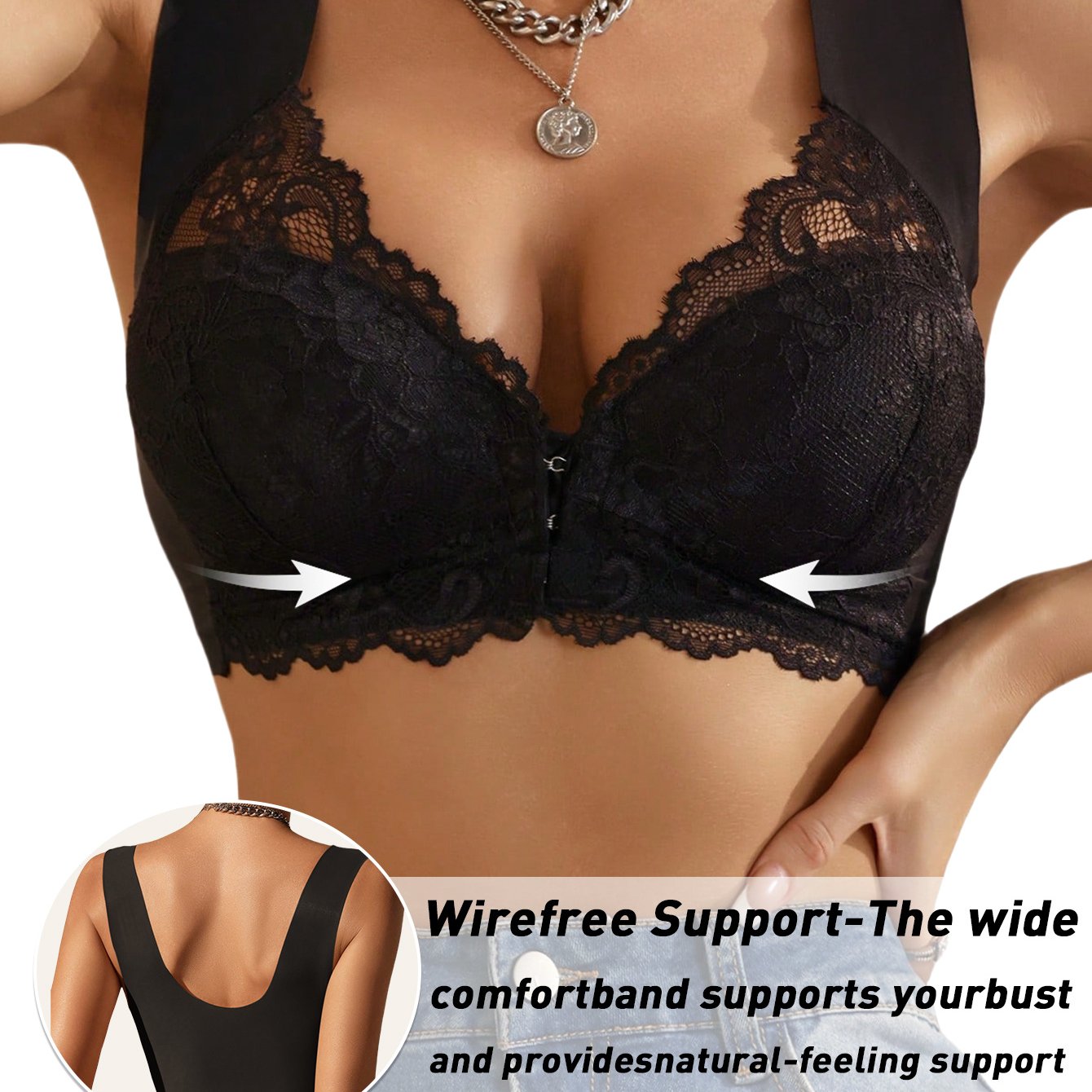 Lingerie Lace Bra with Deep V Open Back and Front Closure for Comfort