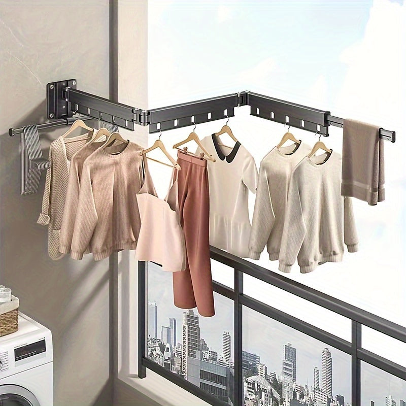 Aluminum Alloy Wall Mount Clothes Drying Rack with Hooks Space-Saving Retractable Clothesline