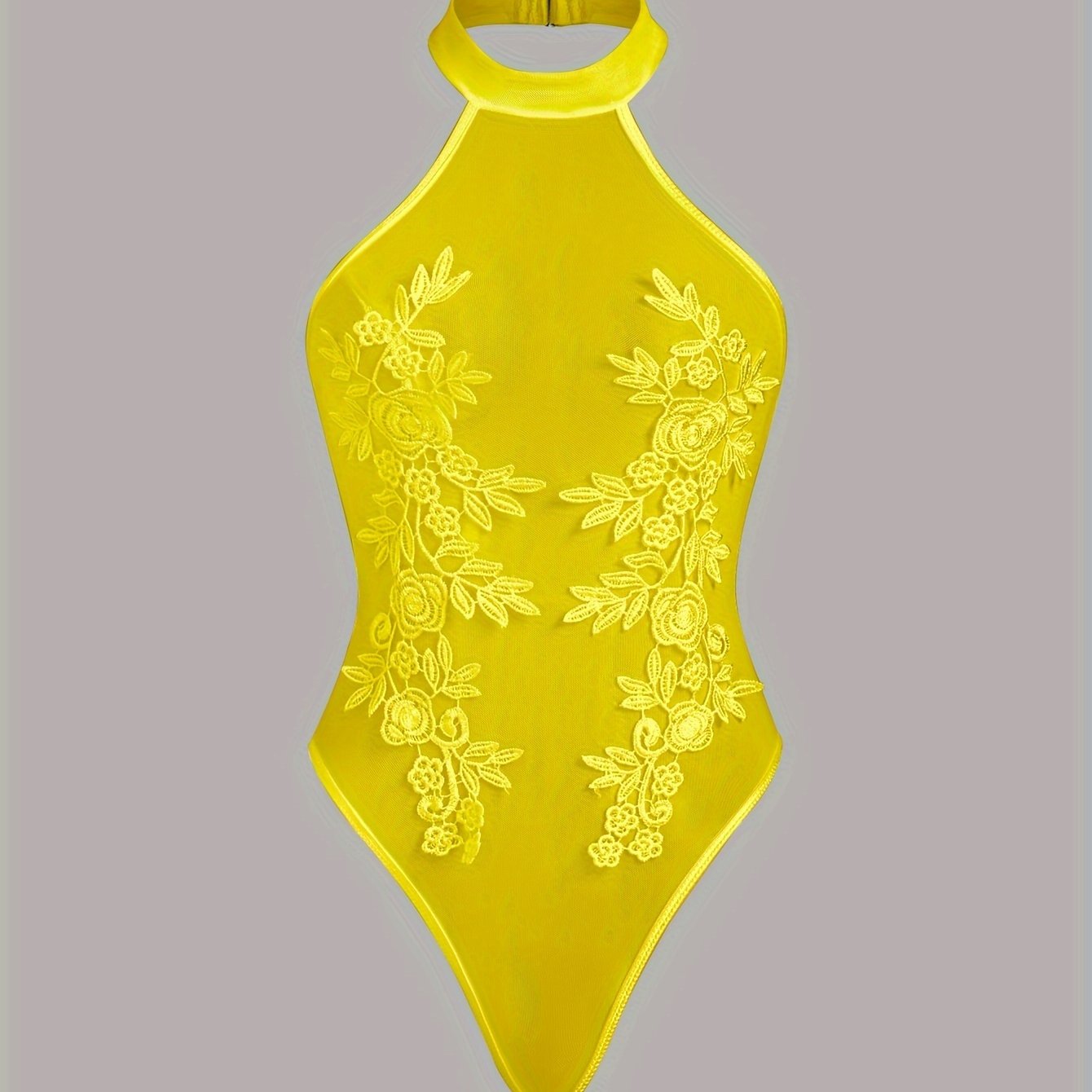 Women's Sheer Mesh Embroidered Floral Bodysuit High-Waisted Lingerie Set