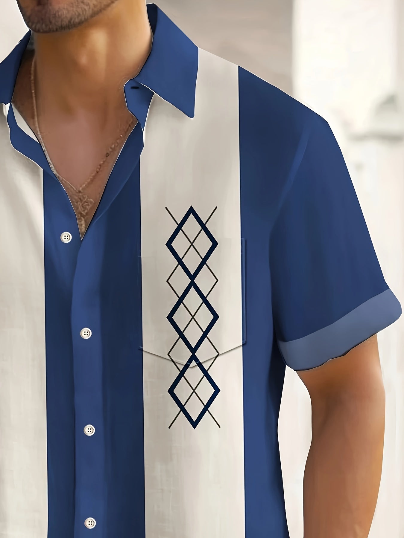 Мужская летняя рубашка с коротким рукавом из ткани с аргайл и полосками для полных мужчин