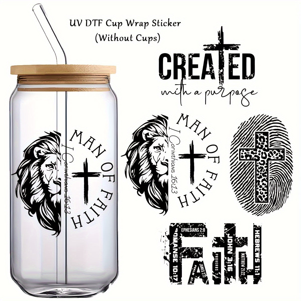Set of Four UV DTF Cup Wrap Decals Religious Faith Stickers for Mugs and Bottles