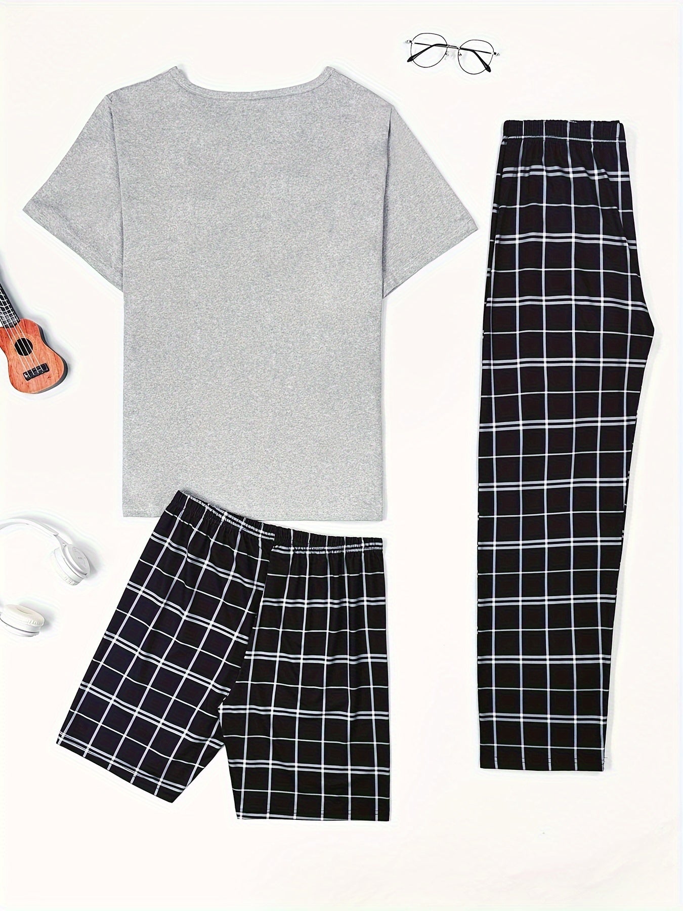 Men's Plaid Sleepwear Set with Crew Neck T-Shirt Long Pants and Shorts Polyester All Season