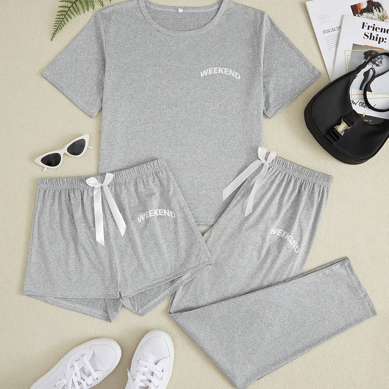 Women's 3-Piece Pajama Set with "Weekend" Print Casual Loungewear Polyester Elastane