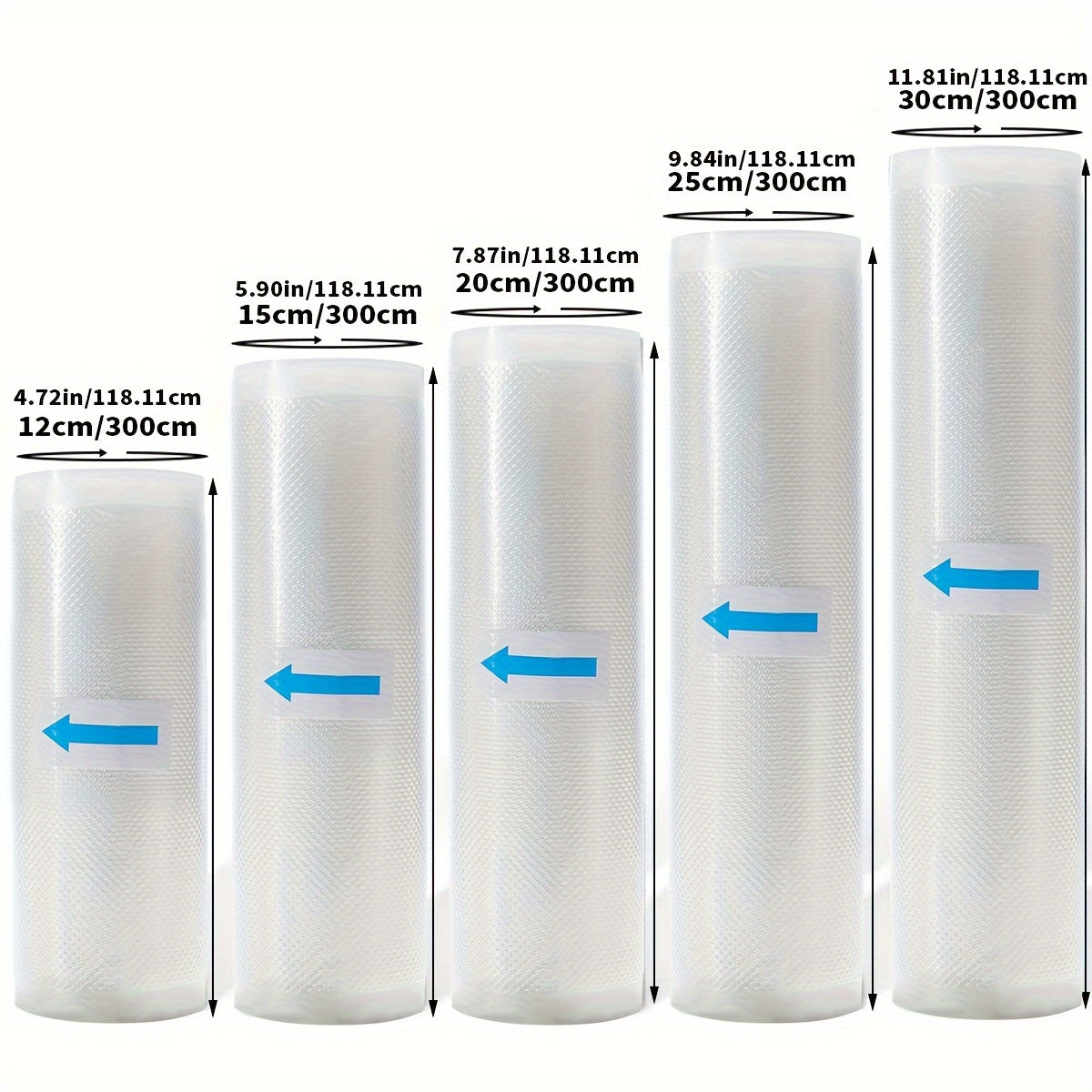 Oziq-ovqat saqlash uchun turli o'lchamdagi beshta vakuumli sumka. Ushbu sumkalar bisfenol A dan xoli va oziq-ovqatni saqlash va qadoqlash uchun ideal bo'lgan yetti qatlamli ko-extruded olmos naqshli vakuum filmi bilan tayyorlangan.