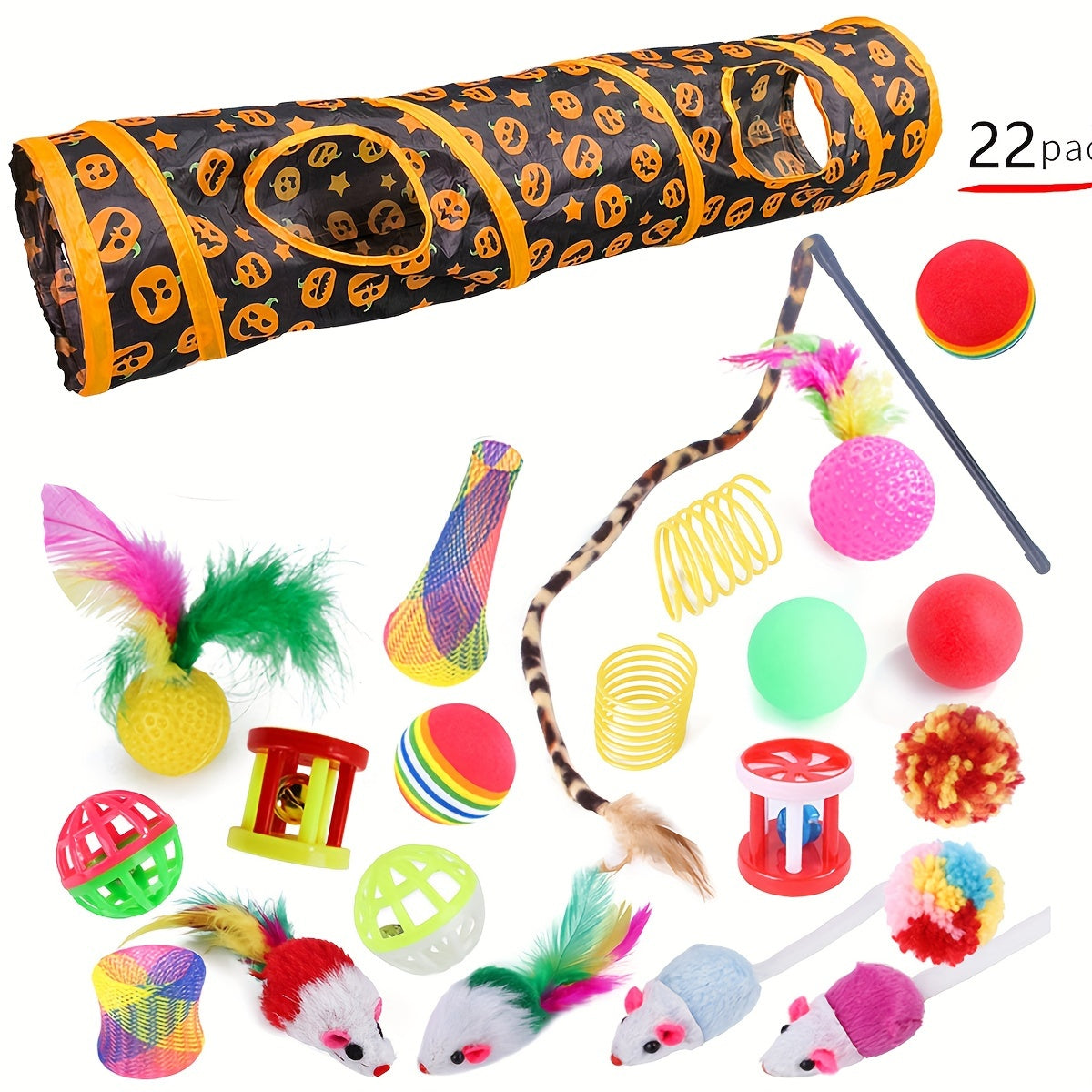 22-Piece Cat Toy Set with Tunnel Crinkle Balls Feathers Playballs for Indoor Cats