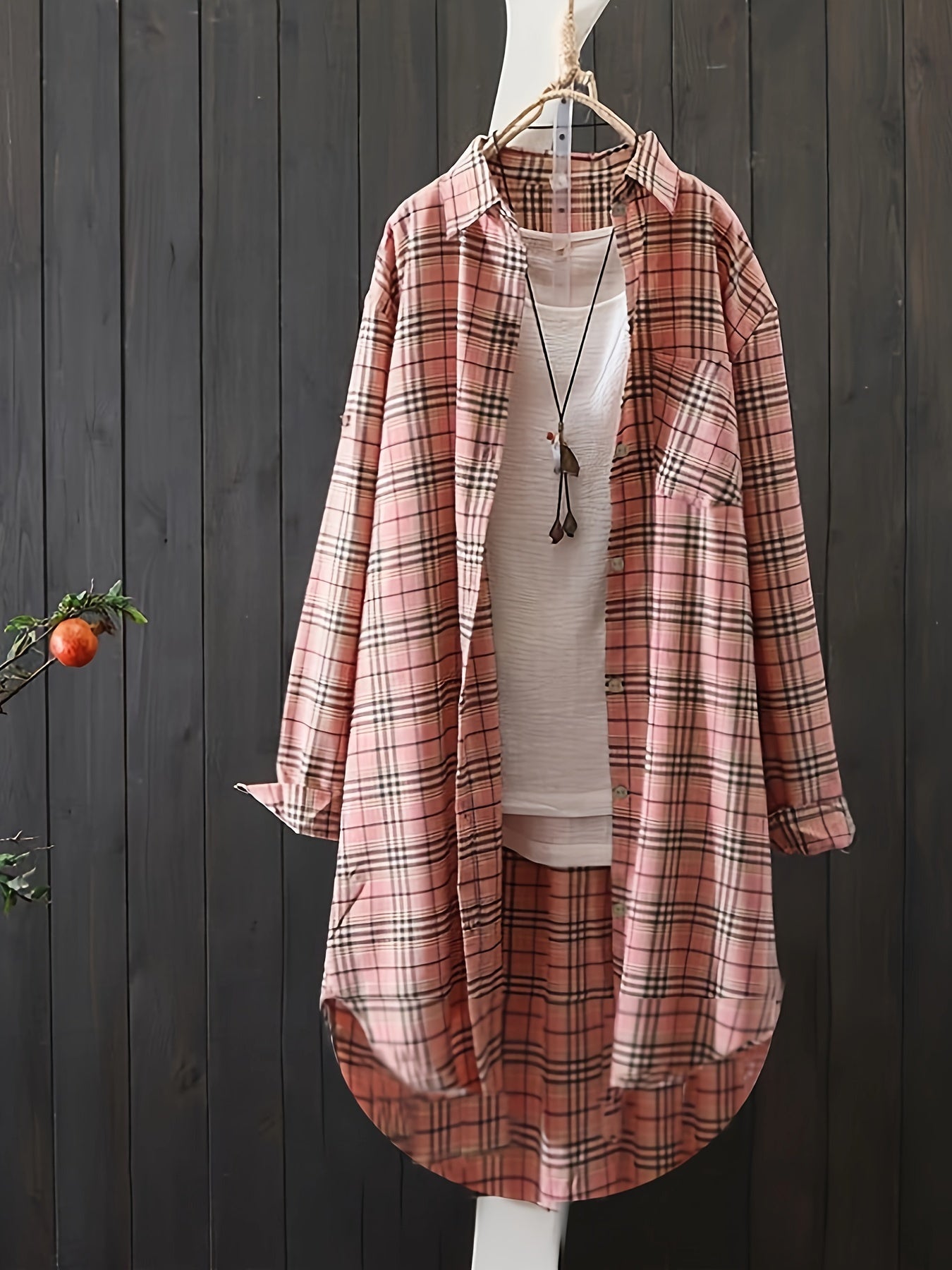 Plus Size Women's Plaid Button-Up Shirt Long Sleeve Green White Fall Spring