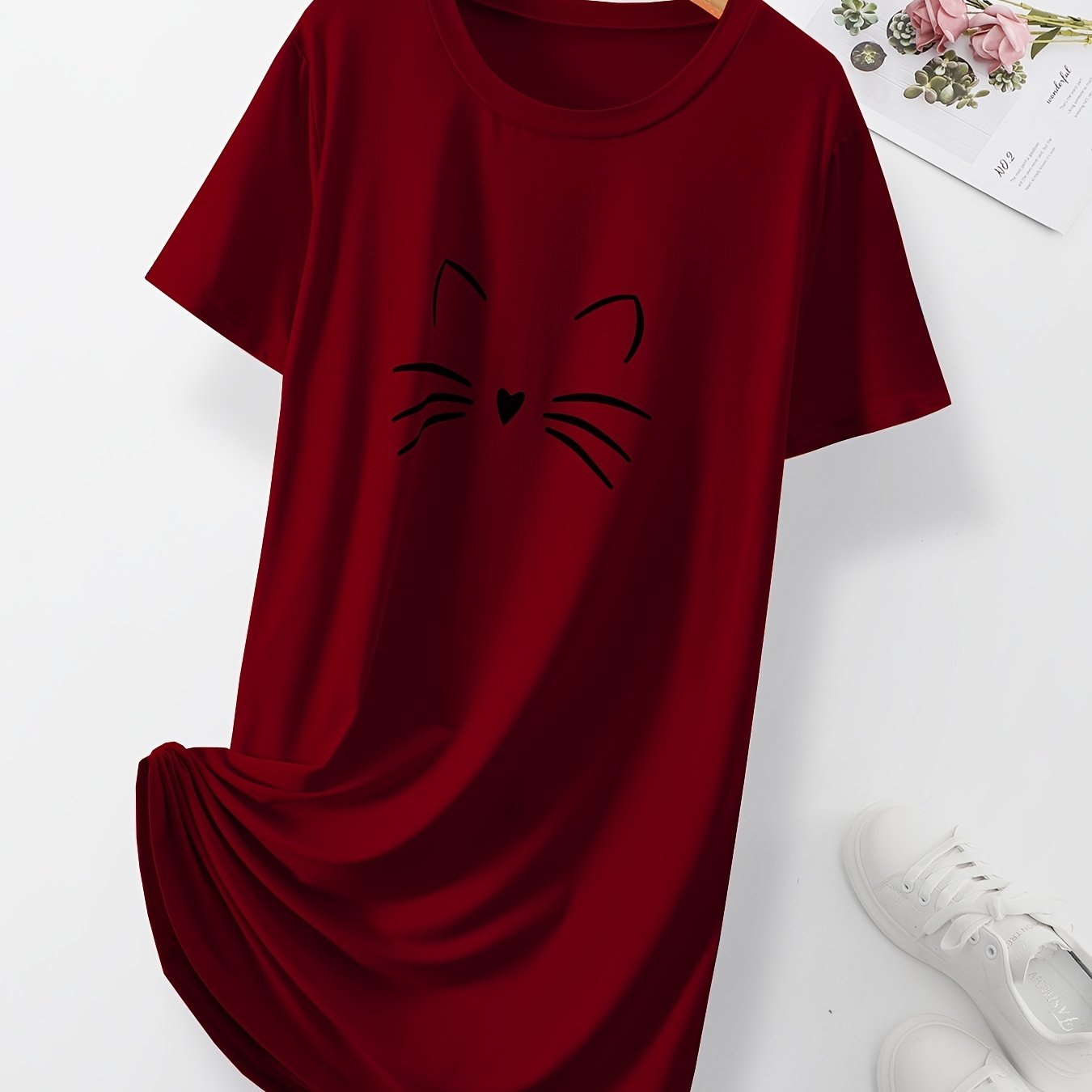 Women's Pink Cat Print Sleep Dress Short Sleeve Nightgown Lounge Wear