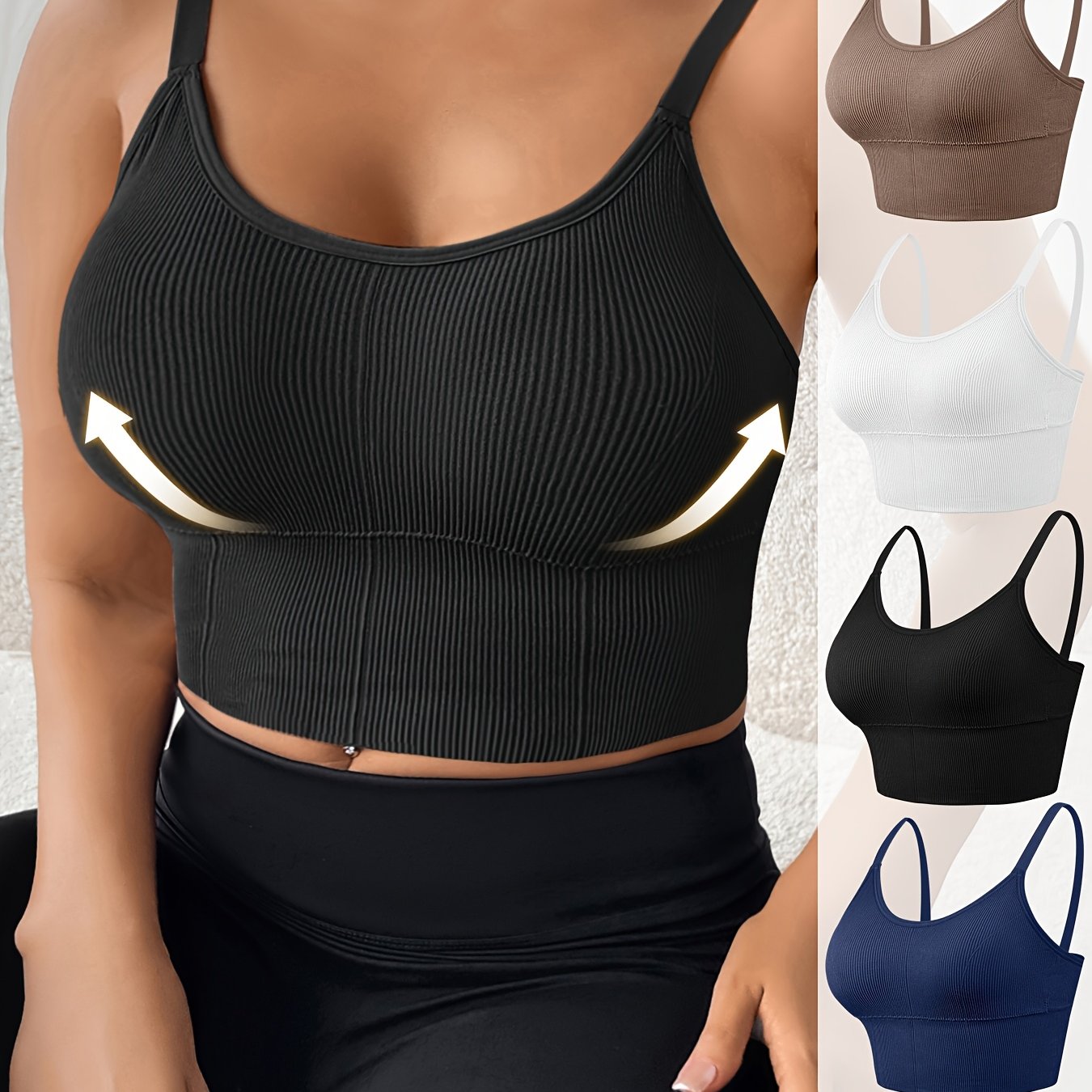 Women's Plus Size Sports Bras Ribbed Wireless High Elasticity Removable Pads Black White Brown Navy Blue Set