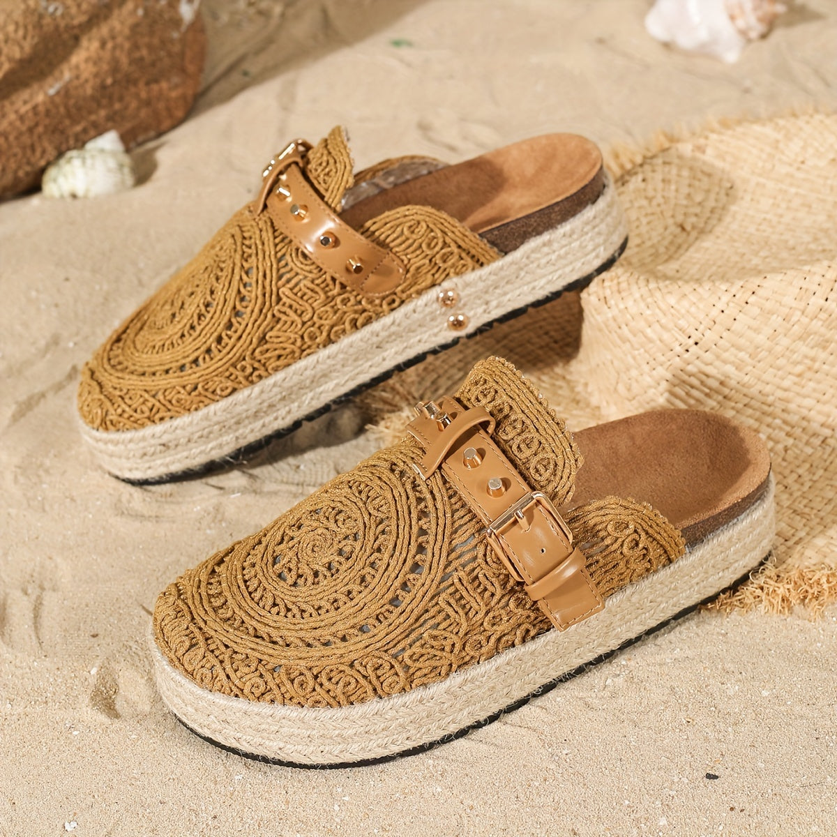 Women Summer Retro Slide Sandals Geometric Cut-Out Embroidery Rubber Sole