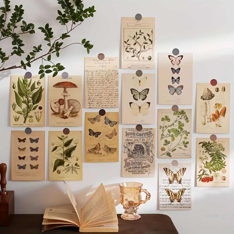 Set of 30 Botanical Wall Stickers Room Decor Cards Animal Print Spring Butterfly Ink Paper