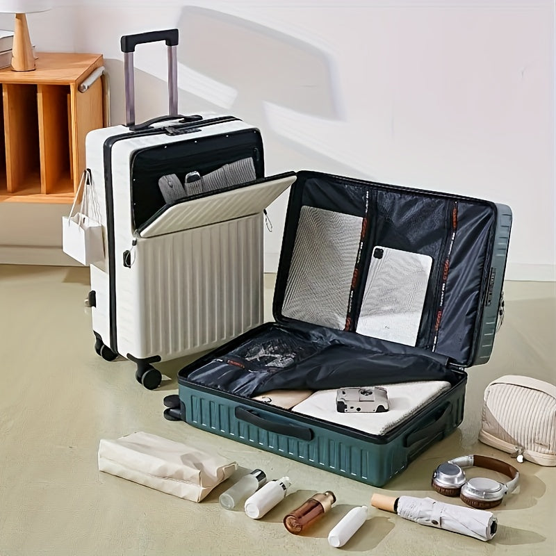 White 20 Inch Spinner Trolley Suitcase with Zippered Front Pocket and Telescopic Handle