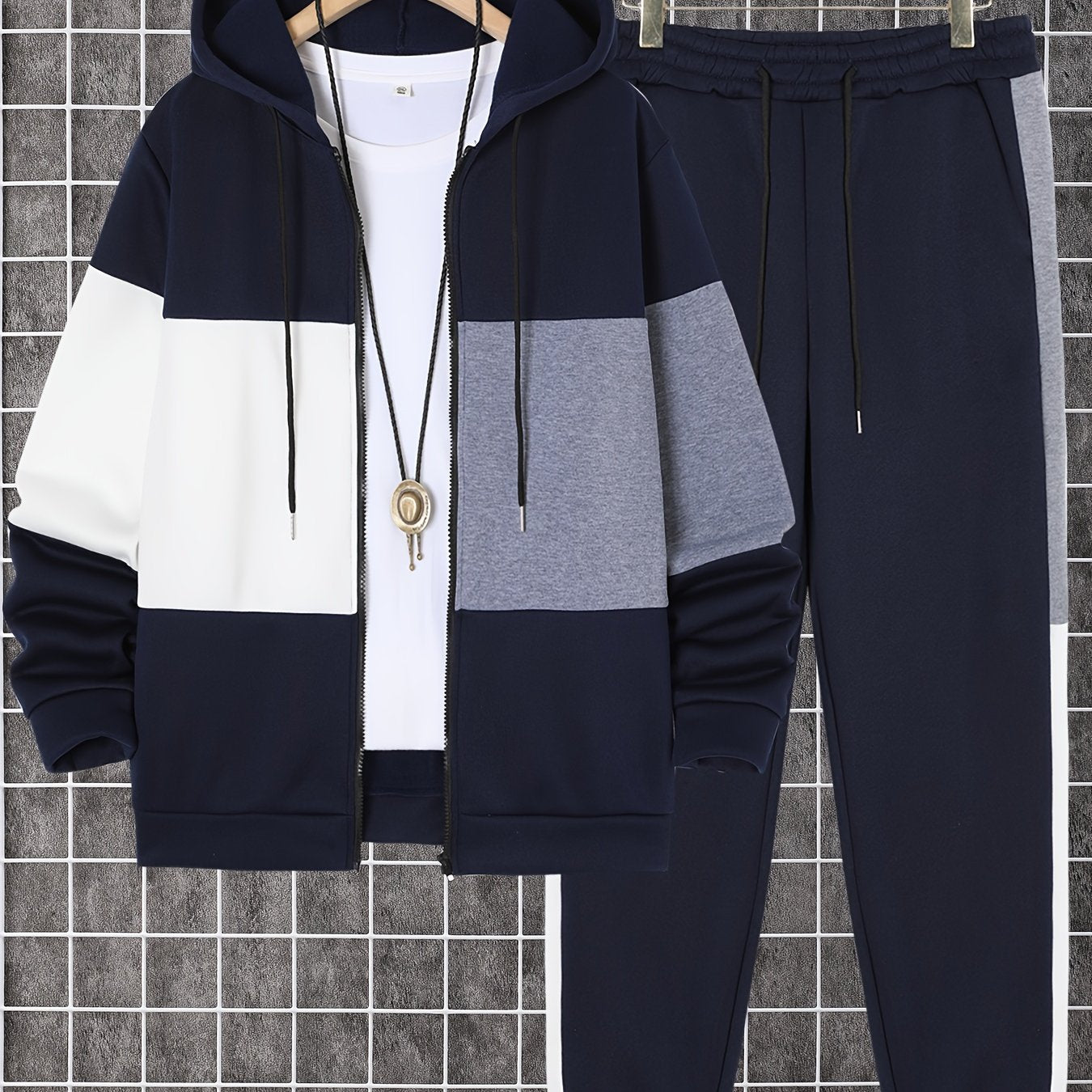 Men's Color Block Polyester Tracksuit with Hooded Zip Up Hoodie and Jogging Pants for Gym and Running