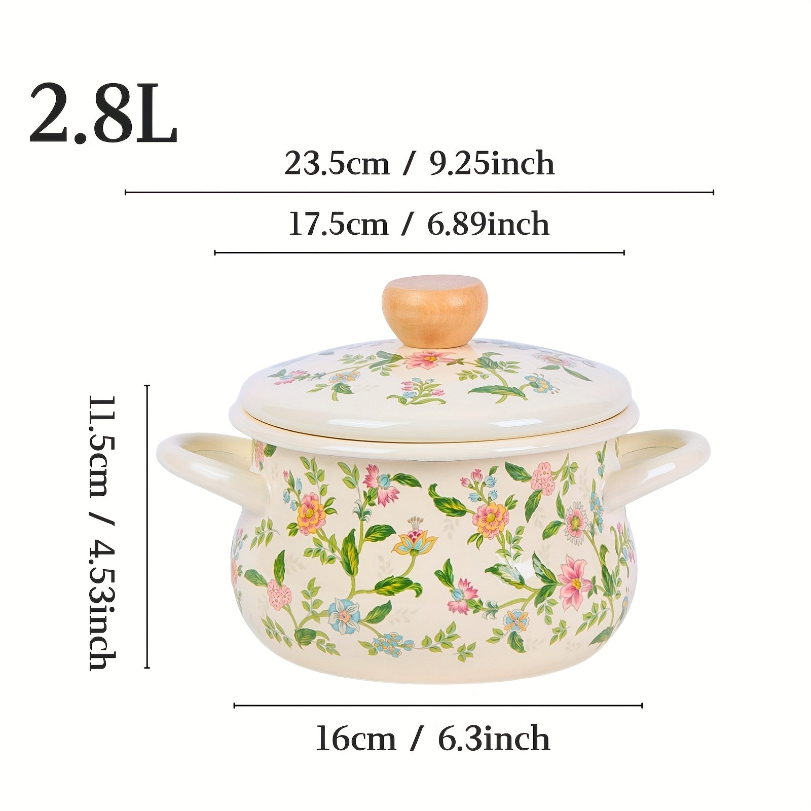 Floral Enamel Soup Pot with Rolled Edges for Open Fire and Induction Cooking