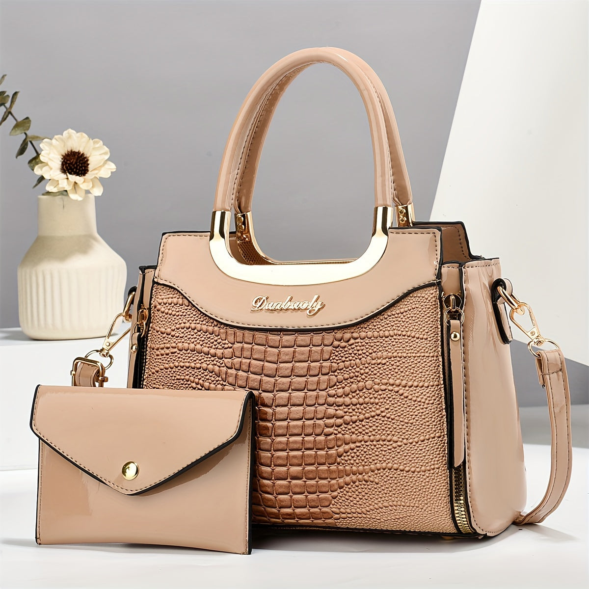 Animal Print Vegan Leather Shoulder Bag Set with Wallet Adjustable Strap Zip Closure Lightweight