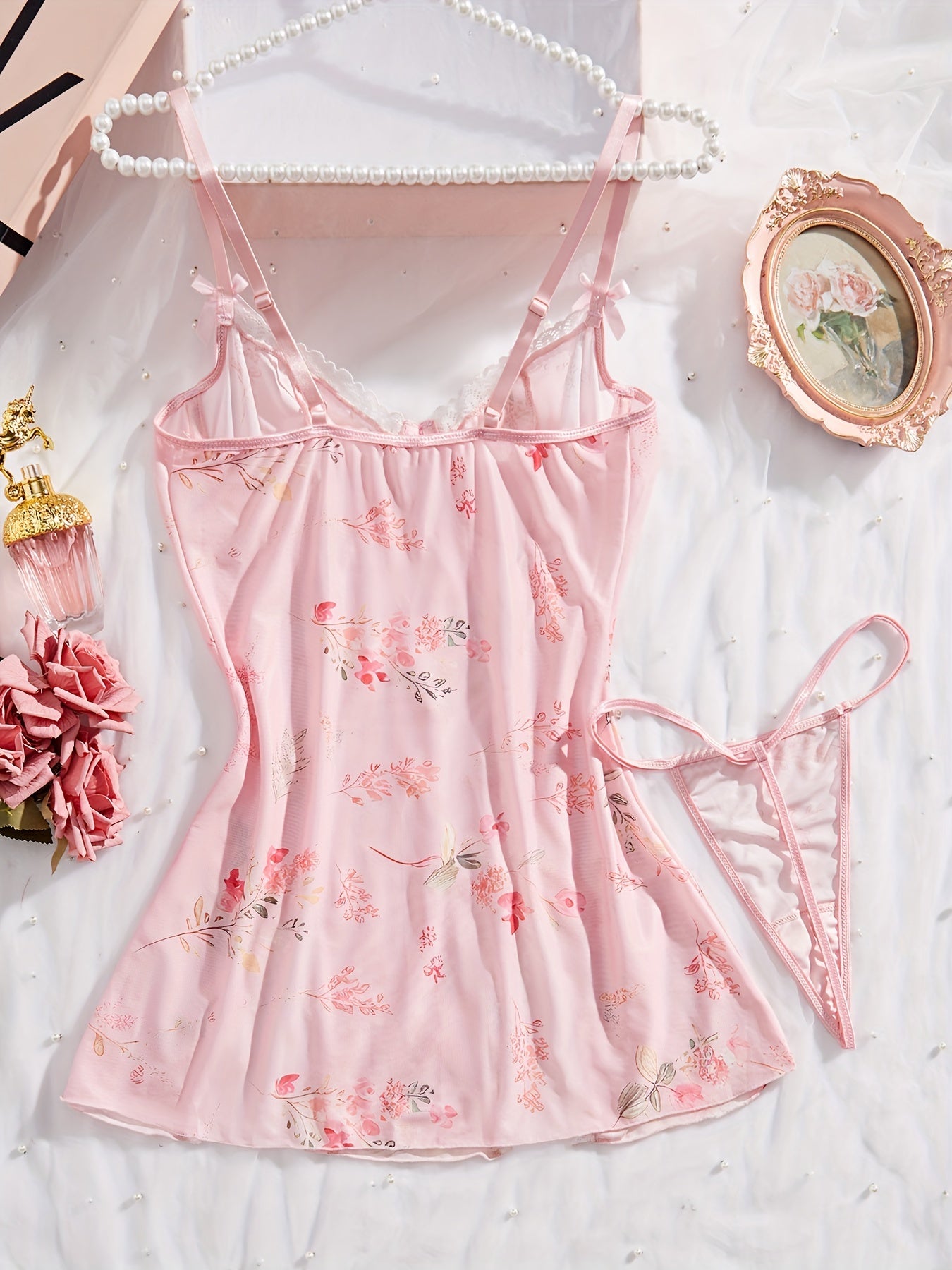 Women's Floral Lace Babydoll Lingerie Set with Bow Detail Semi-Sheer Stretch Fabric