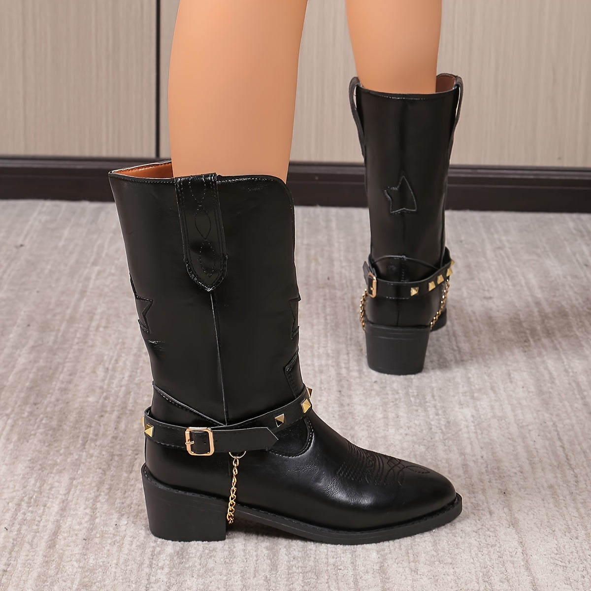 Women's Retro Western Mid-Calf Boots Brown Microfiber Pointed Toe Chunky Heel