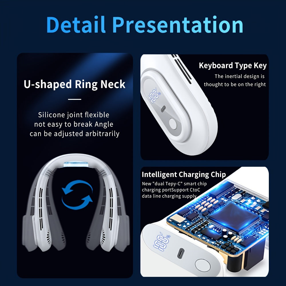 Lightweight White Portable Neck Fan with 3-Speed, Rechargeable Battery