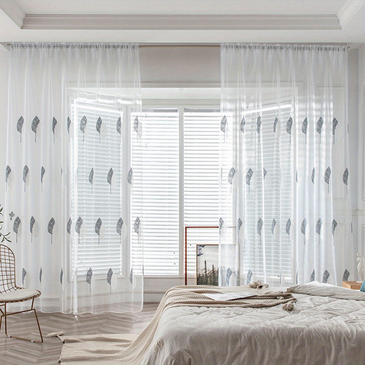 Elegant Tulle Curtain with Leaf Embroidery Translucent Rod Pocket for Living Room Bedroom