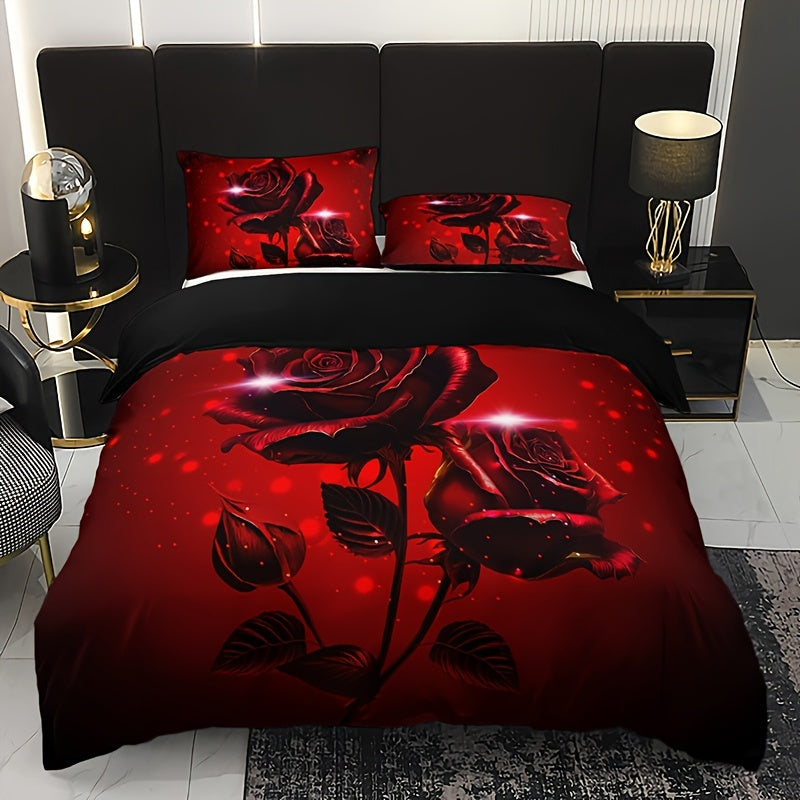 Red Rose Print Duvet Cover Set with 2 Pillowcases Breathable Polyester All Season