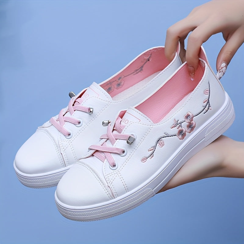 Women’s Floral Embroidery Sneakers Casual Slip-On Microfiber All-Season
