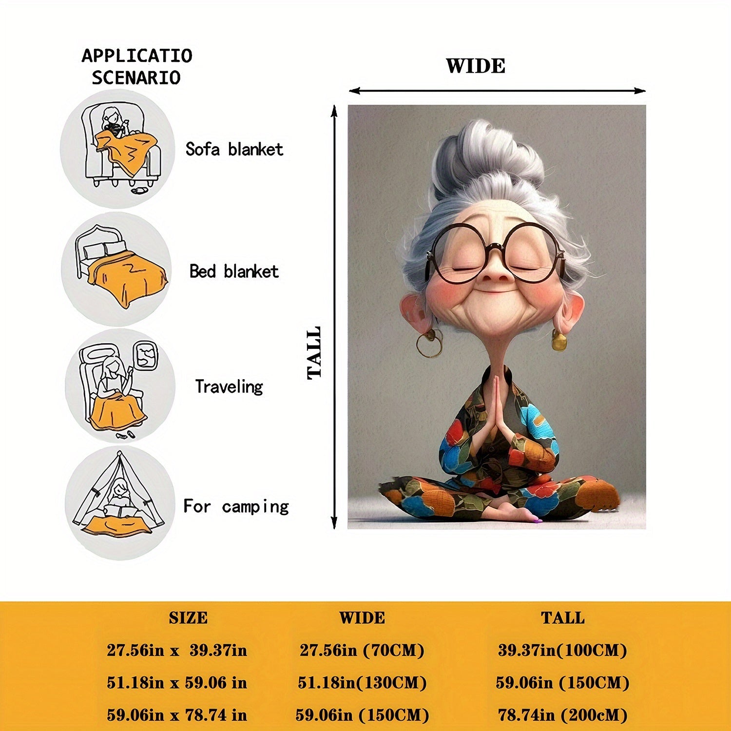 Meditating Grandma Fleece Blanket Soft Warm Cozy for Nap Travel Camping Sofa Bed Office Decor